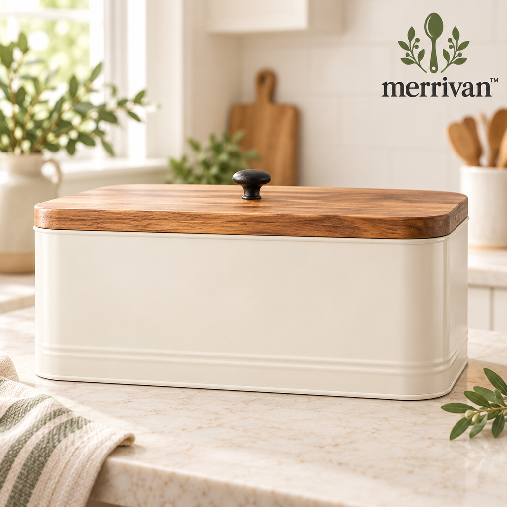 Cream Bread Box with Wood Lid