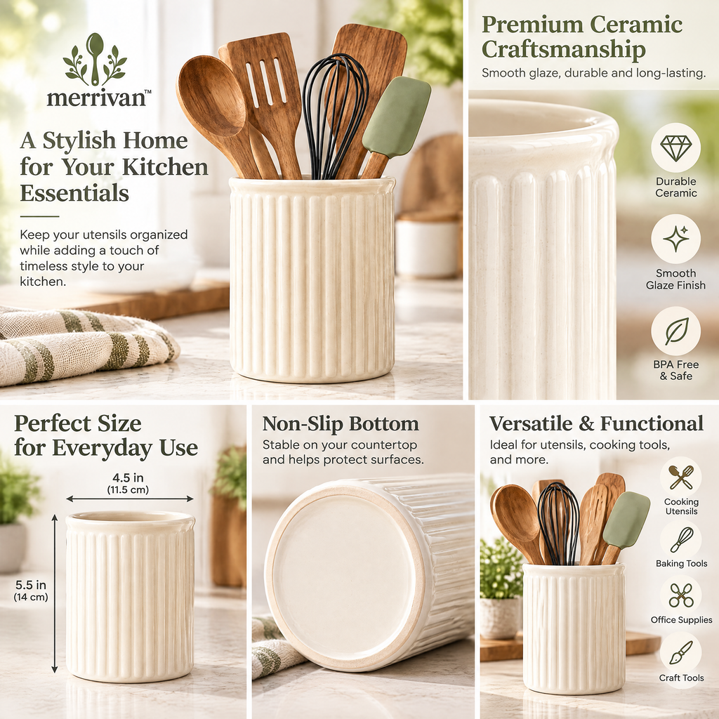 Cream Ribbed Utensil Crock