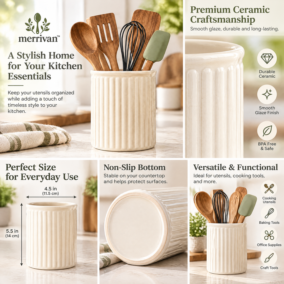 Cream Ribbed Utensil Crock