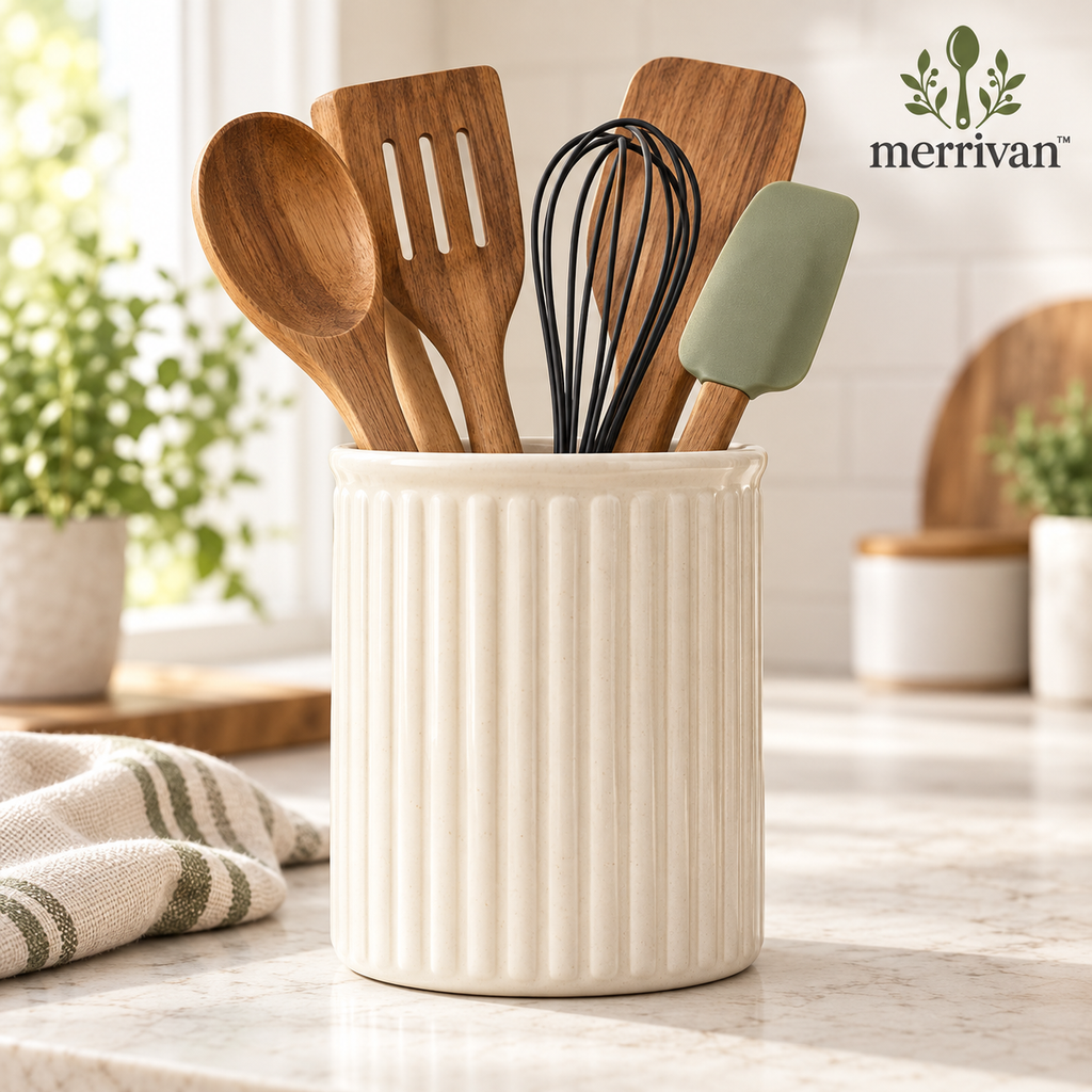Cream Ribbed Utensil Crock