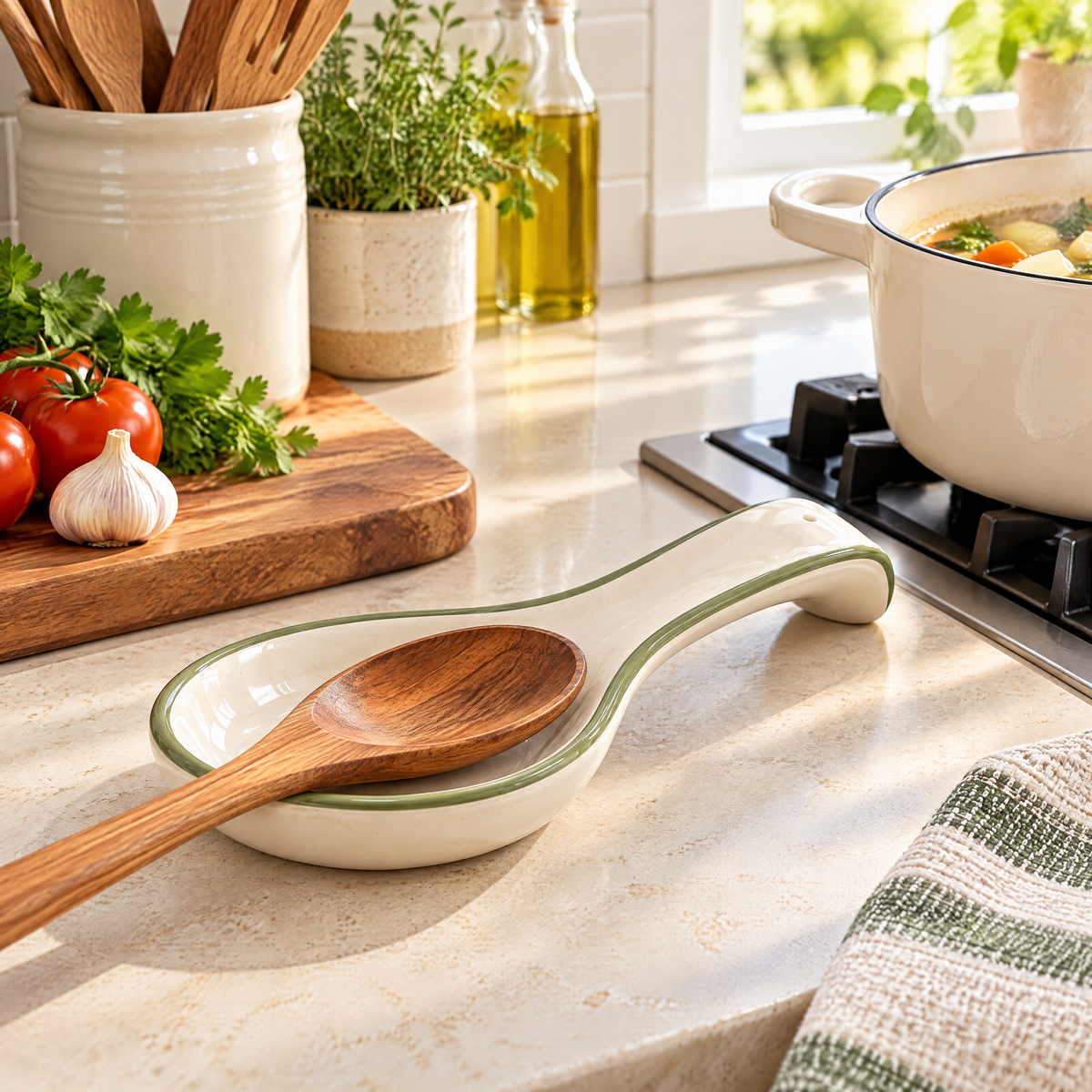 Sage-Rim Ceramic Spoon Rest