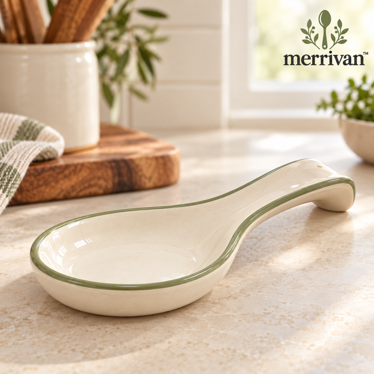 Sage-Rim Ceramic Spoon Rest