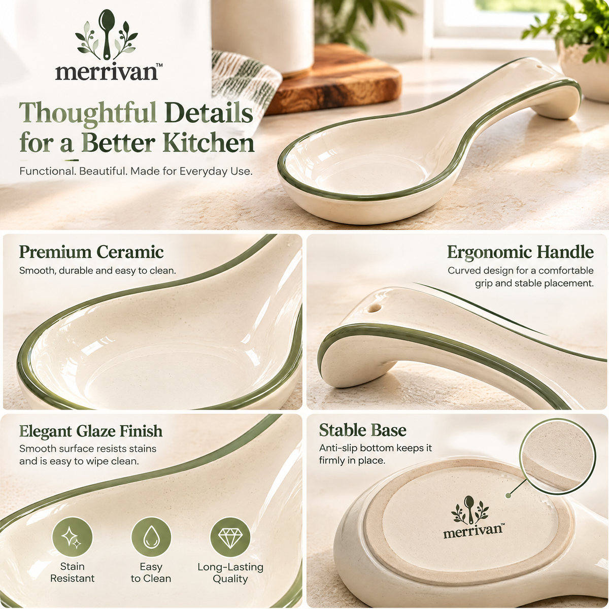 Sage-Rim Ceramic Spoon Rest