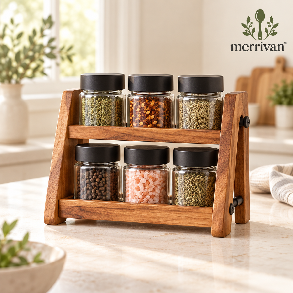 Wood Spice Rack with 6 Jars