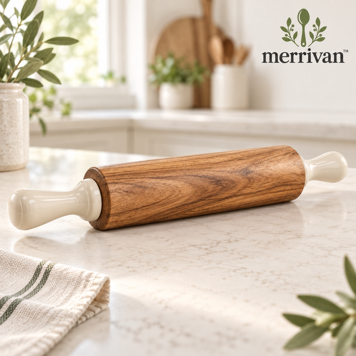 Wood Rolling Pin with Ceramic Handles