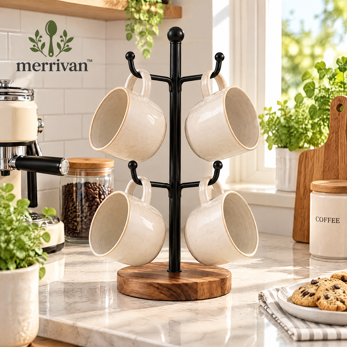 Farmhouse Mug Tree with 4 Mugs