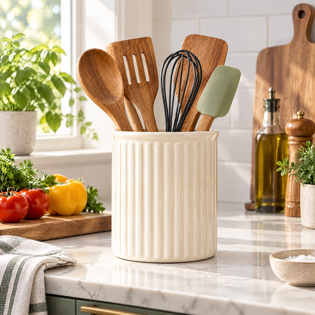 Cream Ribbed Utensil Crock