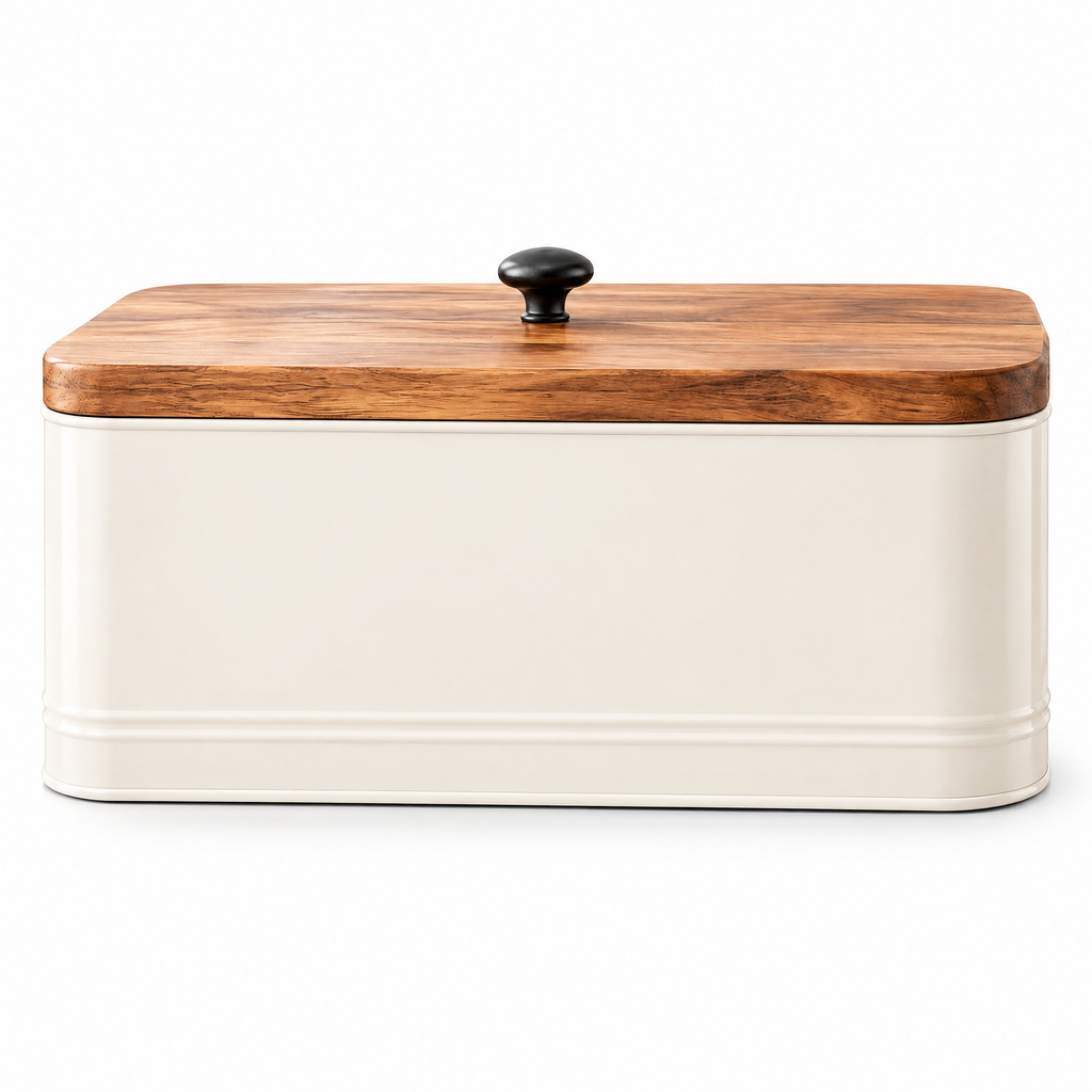 Cream Bread Box with Wood Lid
