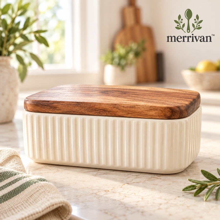 Ribbed Butter Dish with Wood Lid