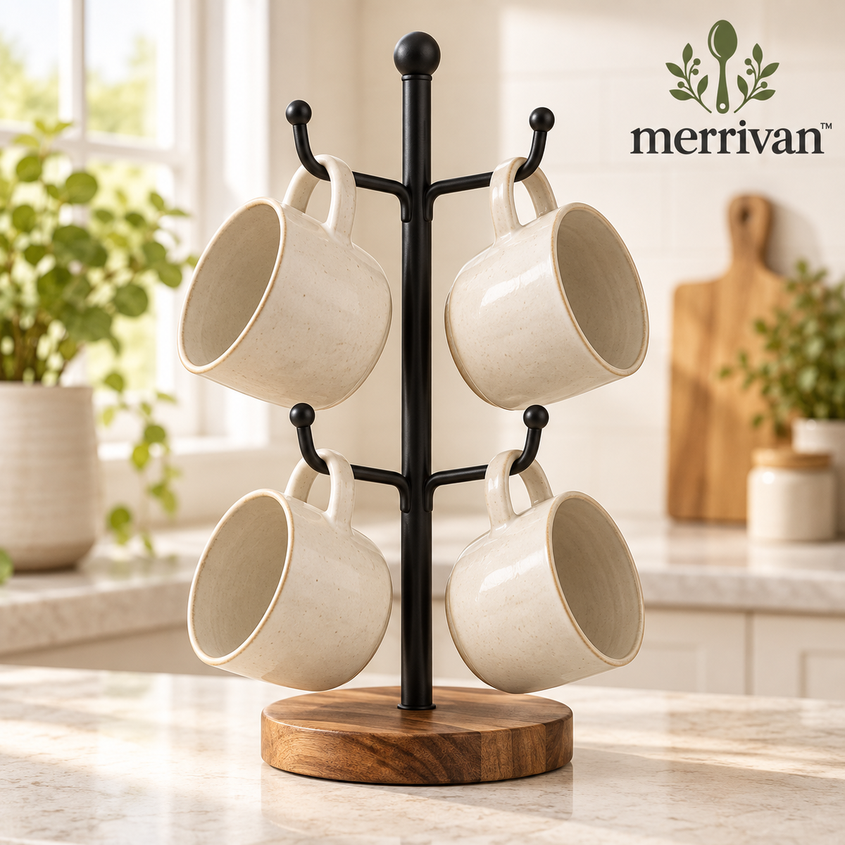 Farmhouse Mug Tree with 4 Mugs