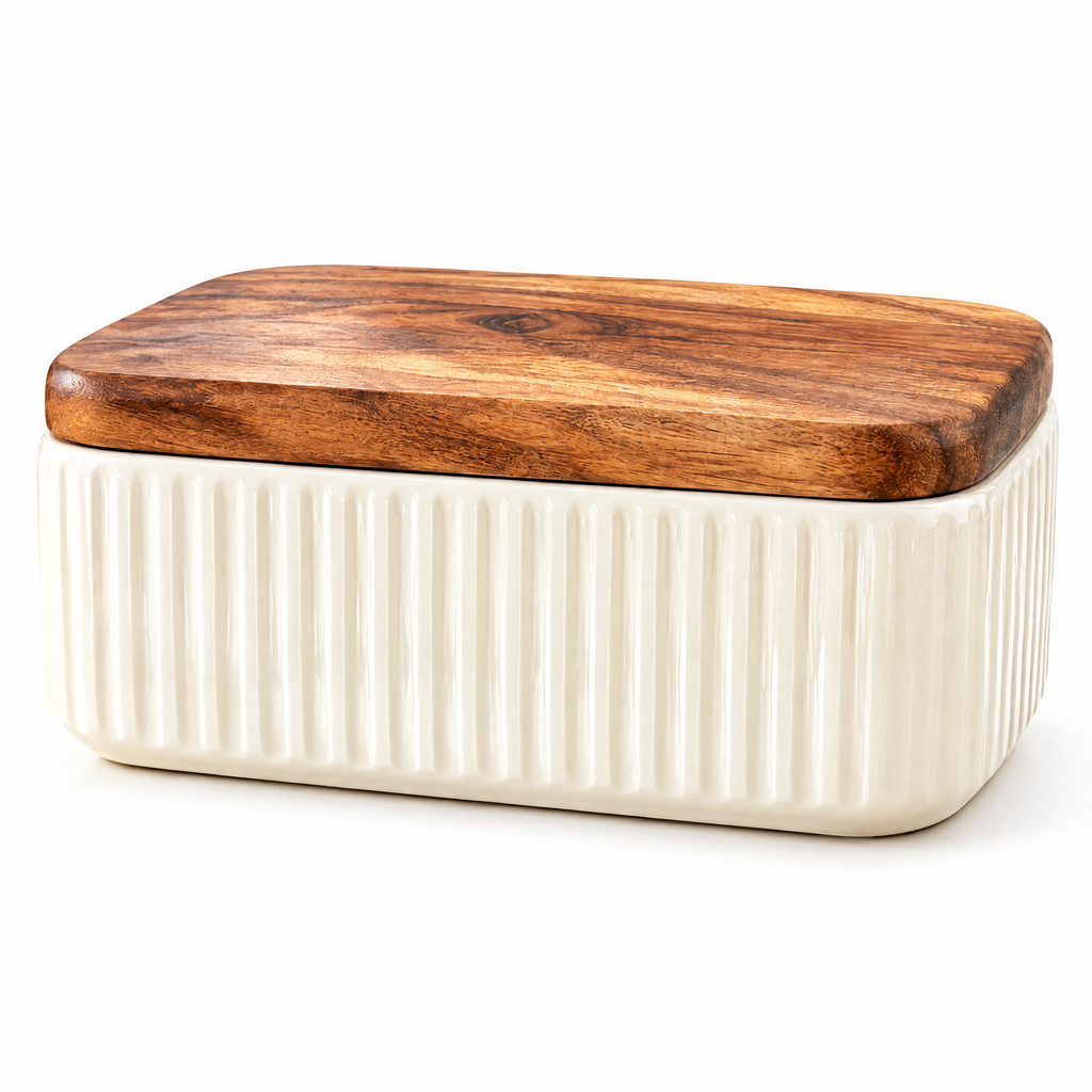 Ribbed Butter Dish with Wood Lid