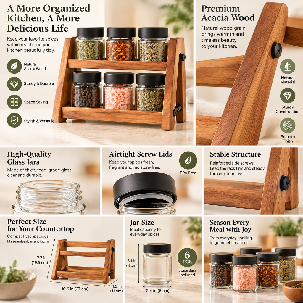 Wood Spice Rack with 6 Jars