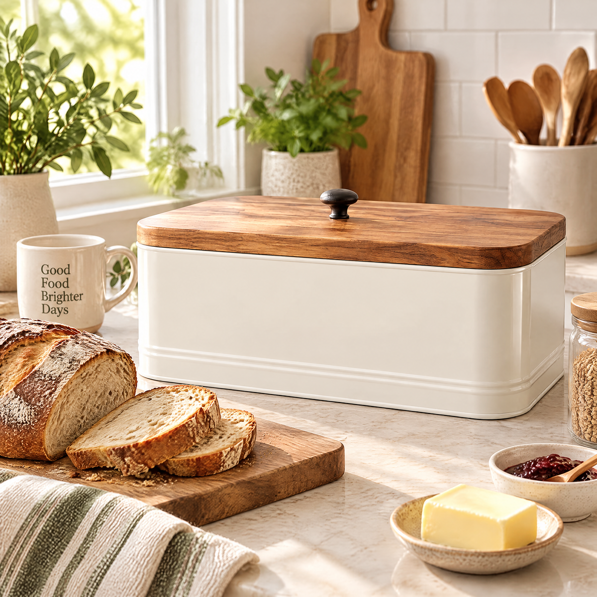 Cream Bread Box with Wood Lid