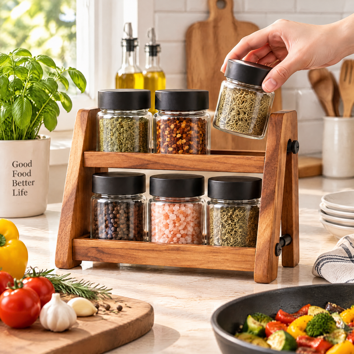Wood Spice Rack with 6 Jars