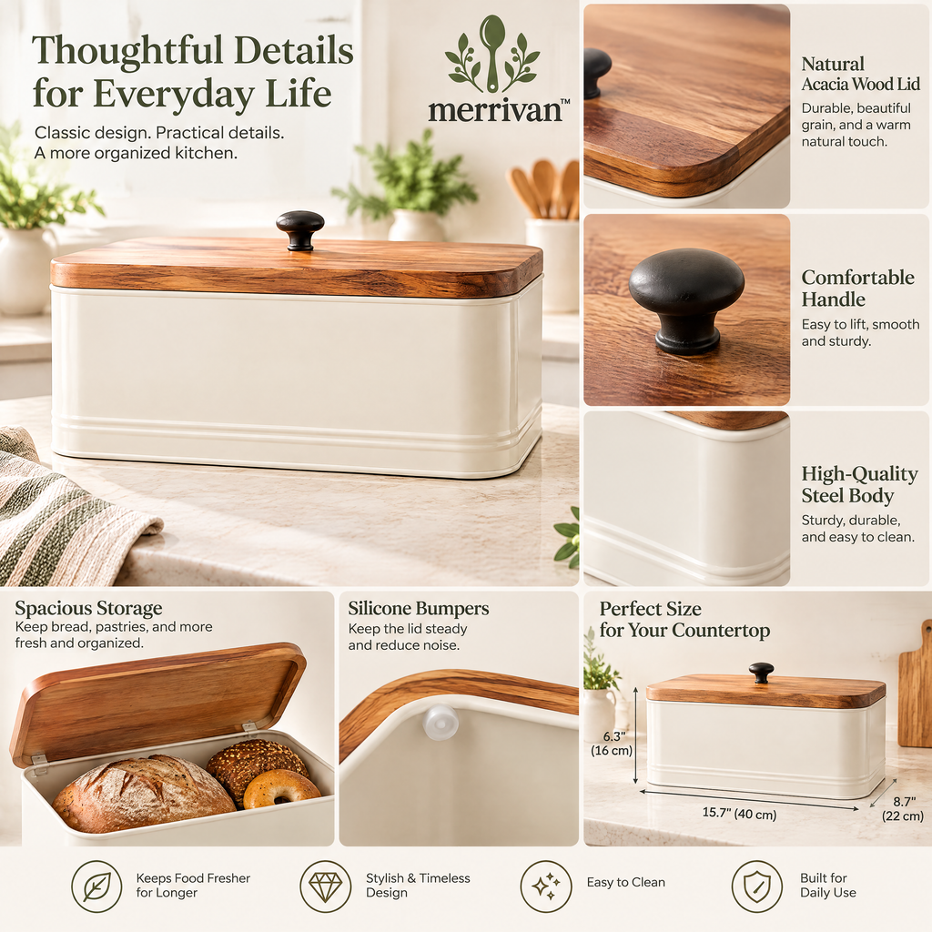 Cream Bread Box with Wood Lid