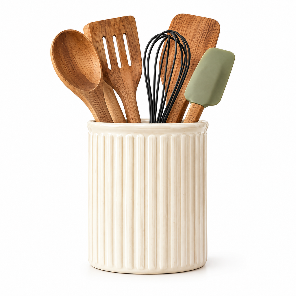Cream Ribbed Utensil Crock