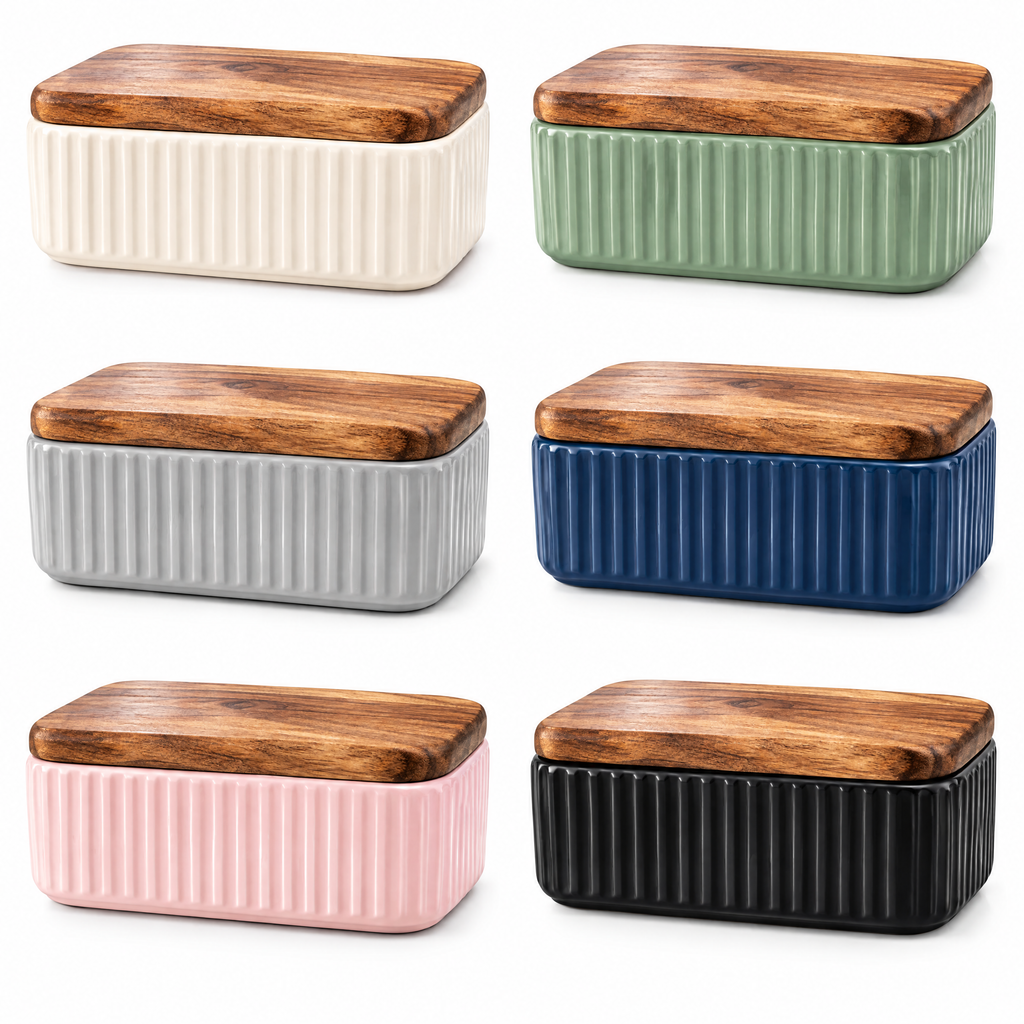 Ribbed Butter Dish with Wood Lid