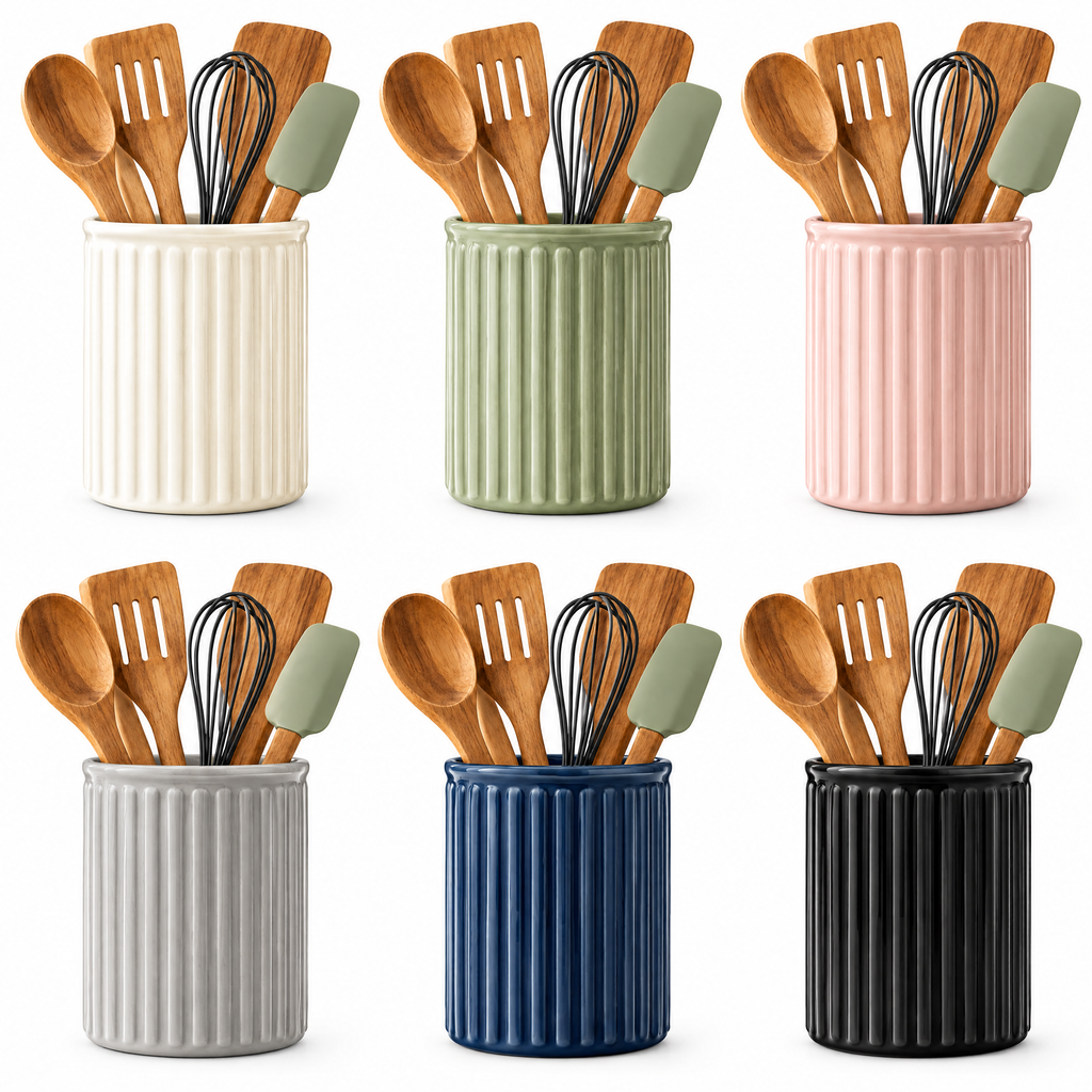 Cream Ribbed Utensil Crock