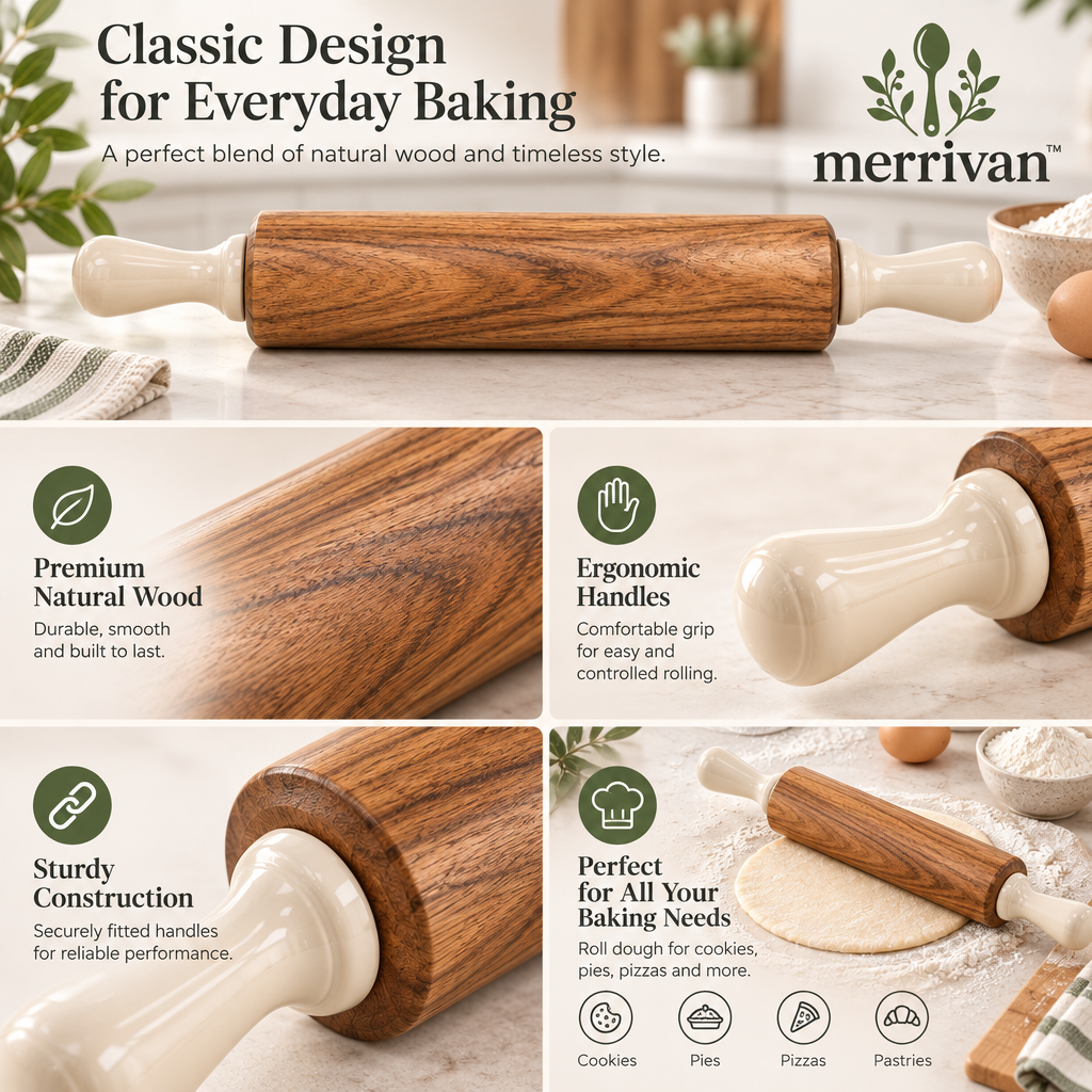 Wood Rolling Pin with Ceramic Handles